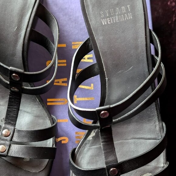 Stuart Weitzman Wedge Heels Black Strappy Silver Accent Slides Comfortable Style - Picture 16 of 16